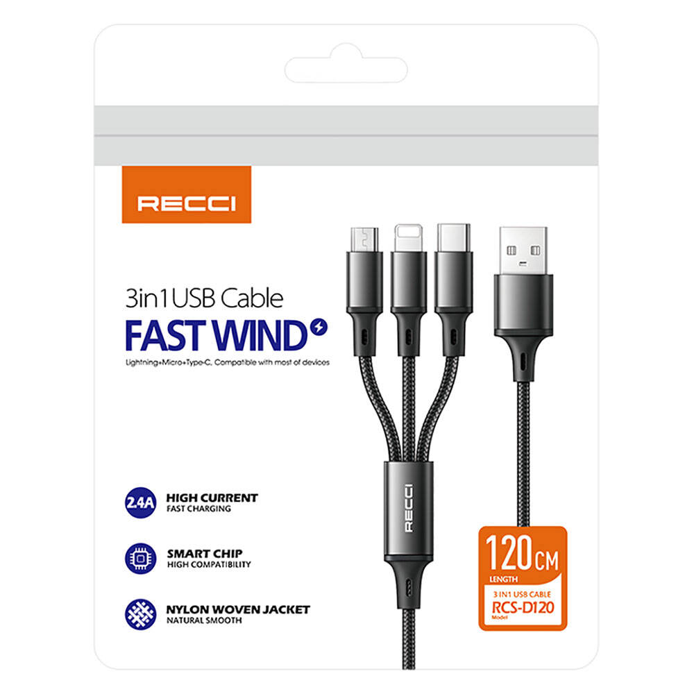 Recci RCS-D120 Fast Wind Serisi 3in1 USB-A to Lightning – Type-C – Micro Şarj ve Data Kablosu 1.2M Recci RCS-D120 Fast Wind Serisi 3in1 USB-A to Lightning – Type-C – Micro Şarj ve Data Kablosu 1.2M